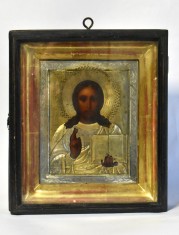 Iisus Hristos Pantocrator - Icoana veche cu ferecatura din argint 84 in caseta de lemn - Scoala Rusia - Atelier Moscova cca.1910