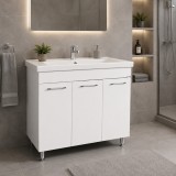 Baza si lavoar ceramic GN0541, mobilier baie stativ 80 cm, front MDF, 3 usi, 4 rafturi, balamale soft close, picioare cromate reglabile, alb