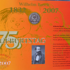 GERMANIA - FDC + MONEDA PROOF - 10 EURO 2007 D, 175 ANI NASTEREA WILHELM BUSCH