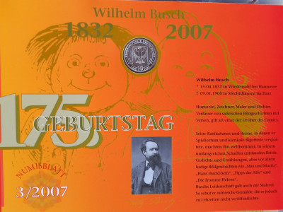 GERMANIA - FDC + MONEDA PROOF - 10 EURO 2007 D, 175 ANI NASTEREA WILHELM BUSCH foto