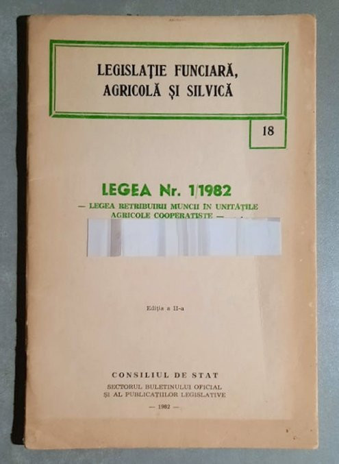 Legea nr. 1/1982 Legea retribuirii muncii in unitatile agricole cooperatiste