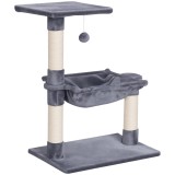 PawHut Copac de Zg&acirc;riere pentru Pisici, Jucărie pentru Pisici cu Hamac și Minge At&acirc;rnată din Lemn și Pluș, 50x36x70 cm, Gri | Aosom Romania