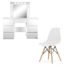 Masa de toaleta/machiaj + Scaun stil scandinav, alba, cu oglinda si LED-uri, Vanessa, 130x43x143 cm