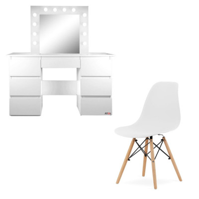 Masa de toaleta/machiaj + Scaun stil scandinav, alba, cu oglinda si LED-uri, Vanessa, 130x43x143 cm foto