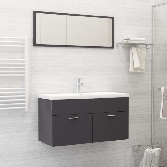 Set mobilier de baie, gri extralucios, lemn prelucrat