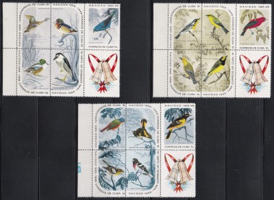 Cuba 1965 - Craciun - Păsări, 3 Serii in Bloc cu vinieta, MNH foto