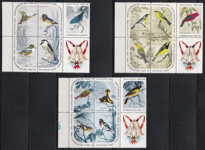 Cuba 1965 - Craciun - Păsări, 3 Serii in Bloc cu vinieta, MNH