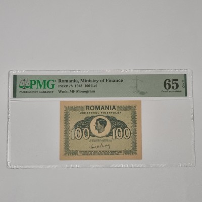 BANCNOTA UNC 100 LEI 1945 GRADATA PMG 65 EPQ foto