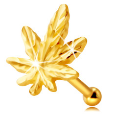 Piercing pentru nas din aur galben de 9 K - conturul unei frunze de cannabis, vene minuscule