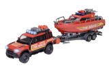 MAJORETTE SET MASINA DE POMPIERI LAND ROVER SI BARCA DE SALVARE