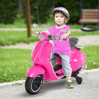 HOMCOM Motocicleta Jucarie cu Licenta Oficiala Vespa, Motocicleta pentru Copii 3+ Ani din PP si Otel cu 2 Roti Suplimentare, Lumini si Sunete, 108x49x foto