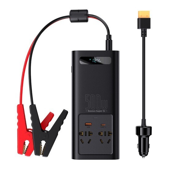 Invertor pentru Masina USB, Type-C, CN/EU, 150W/12V, 500W/220V + Cleme si Cablu 12V - Baseus (CGNB000101) - Black