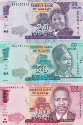 Malawi Set 20-50-100 Kwacha 2019-2020-2016 UNC foto