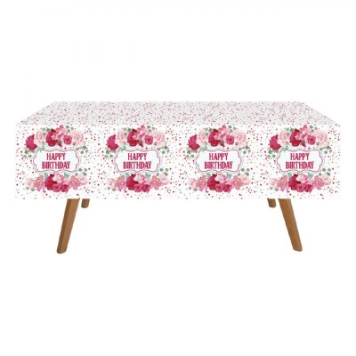 Față de Masă Petrecere, Floral Happy Birthday, Plastic, 180x120cm, Multicolor foto