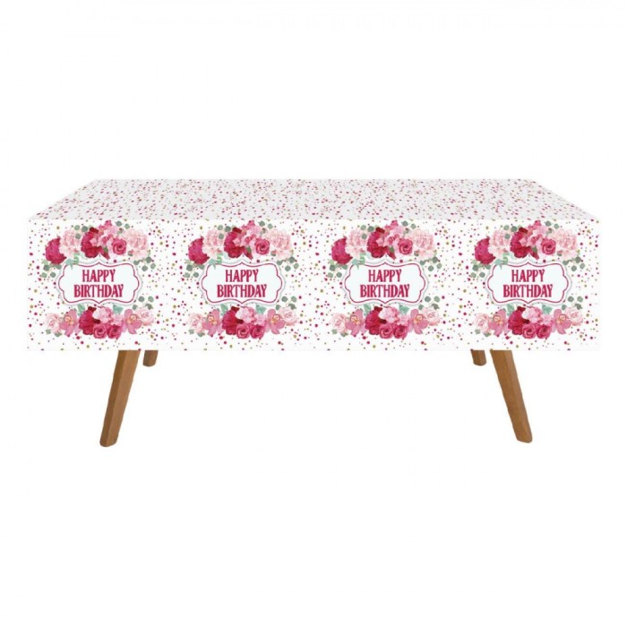 Față de Masă Petrecere, Floral Happy Birthday, Plastic, 180x120cm, Multicolor