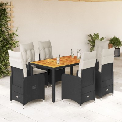 vidaXL Set bistro de grădină, 7 piese, cu perne, negru, poliratan 3276980 foto