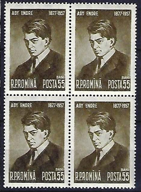 Romania 1957 - Lp 446 - 80 de ani de la nasterea lui Ady Endre - bloc de 4 - MNH
