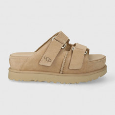 UGG papuci din piele Goldenstar Hi Slide femei, culoarea bej, cu platforma, 1155458