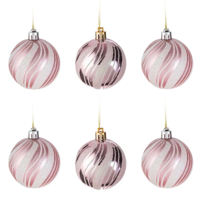 Set Globuri Crăciun Casă Vivante, Capri, Roz Mat și Lucioase, Glitter, 6 bucăți, Diametru 6 cm