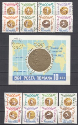 ROMANIA 1964 LP 596 LP 596 a LP 597 MEDALII OLIMPICE SERII DANTELATA + NEDANTELATA +COLITA STAMPILAT foto