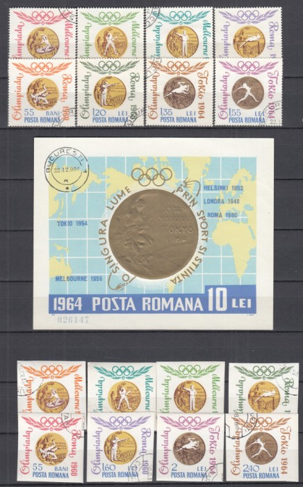ROMANIA 1964 LP 596 LP 596 a LP 597 MEDALII OLIMPICE SERII DANTELATA + NEDANTELATA +COLITA STAMPILAT