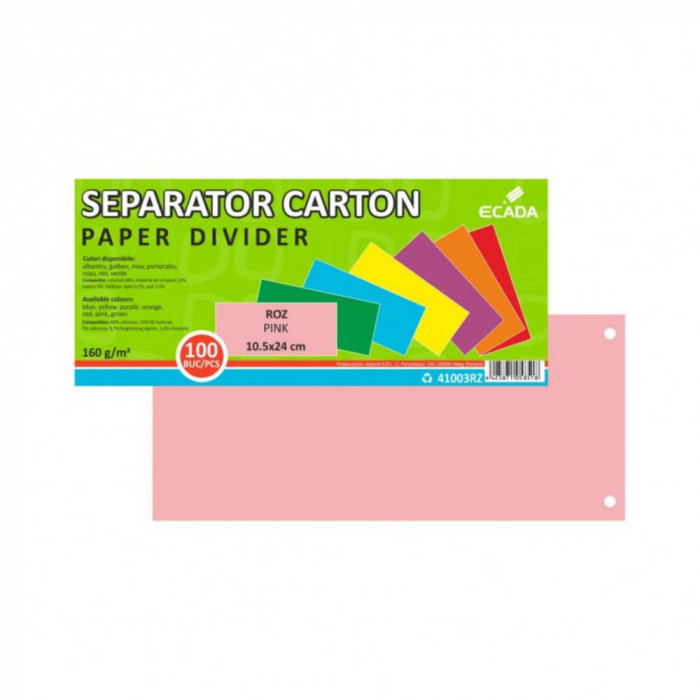 Set 100 Separatoare Carton Ecada pentru Documente, 10.5x24 cm, 160 g/m&sup2;, Roz, Separator pentru Documente, Separator Documente Carton, Separator Docume