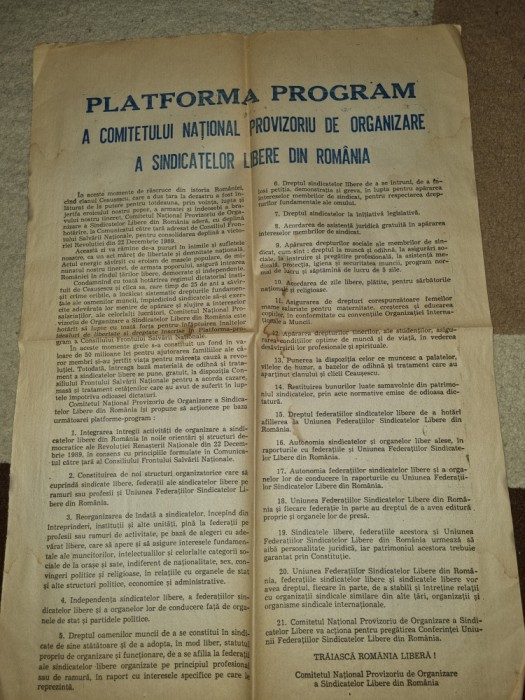 afis-platforma comitetului national de organizare a sindicatelor-decembrie 1989