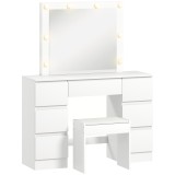 HOMCOM Masă de Machiaj cu Oglindă, 8 Lumini LED, Scaun și 7 Sertare Alb | Aosom Romania