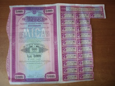 ACTIUNE - MICA SA - 5000 LEI 1936 TIMBRATA foto
