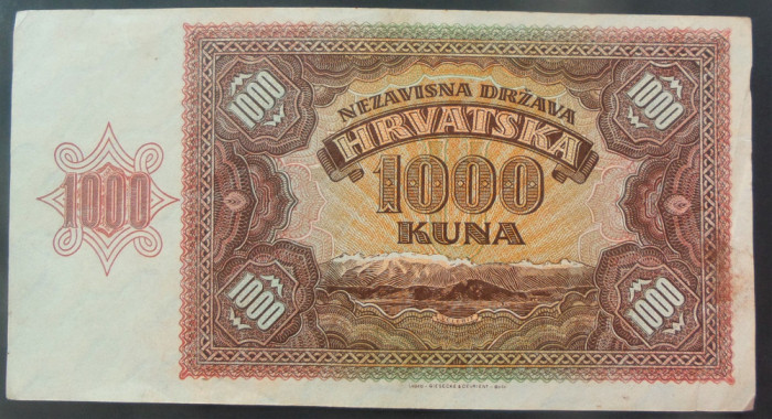 Bancnota istorica 1000 KUNA - CROATIA ocupatie fascista, anul 1941 *cod 648