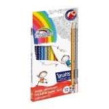 Creioane colorate Fiorello Soft 170-2150, triunghiulare, 12 culori, auriu, argintiu, blister carton