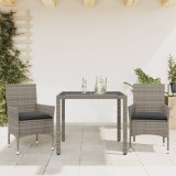 Set mobilier de gradina cu perne 3 piese gri poliratan sticla