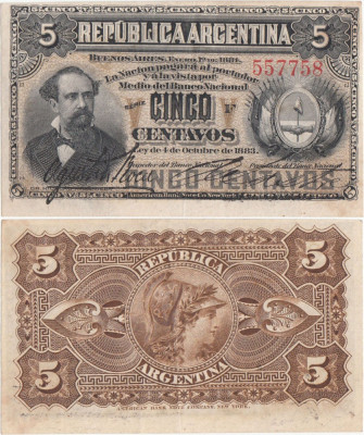 1884 (1 I), 5 centavos (P-5a.1) - Argentina - stare XF+++! foto