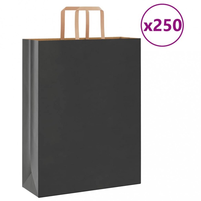 vidaXL Pungi de h&acirc;rtie 250 buc cu m&acirc;nere negre 32x12x42 cm