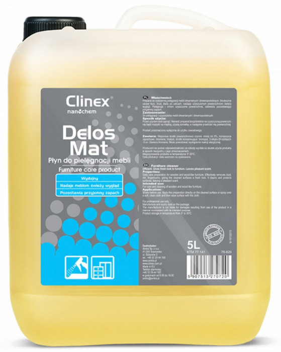 Clinex Delos Mat, 5 Litri, Cu Pulverizator, Solutie Pentru Curatat Mobila, Fara Efect De Stralucire