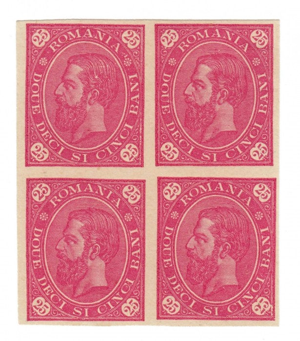ROMANIA 1890 CAROL I CIFRA IN 4 COLTURI ESEU 25 BANI BL 4 MNH