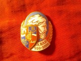 Insigna Aniversara ARAD 1050 Ani Stema comunista si Profil Decebal m metal si email , h=3.3cm