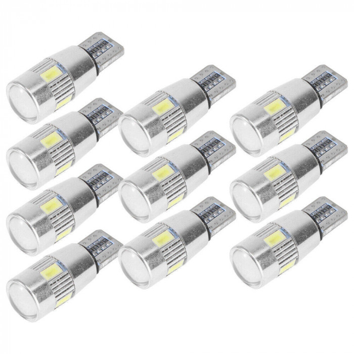 Set 10 Buc Led T10 6 SMD, W5W, Canbus, 12V, Pentru Pozitie, Plafoniere, Portbagaj, Lumina Albastru KRU115