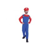 Costum carnaval Super Mario cu overal si palarie pentru copii, marime 120/130 cm