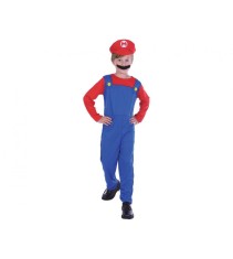 Costum carnaval Super Mario cu overal si palarie pentru copii, marime 110/120 cm