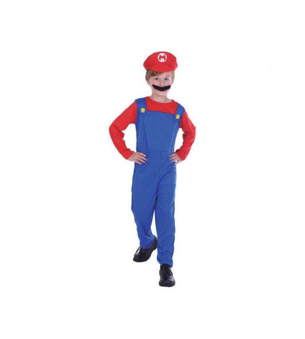 Costum carnaval Super Mario cu overal si palarie pentru copii, marime 110/120 cm