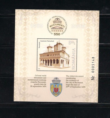 ROMANIA 2009 - BUCURESTI 550 ANI, COLITA, MNH - LP 1846 foto