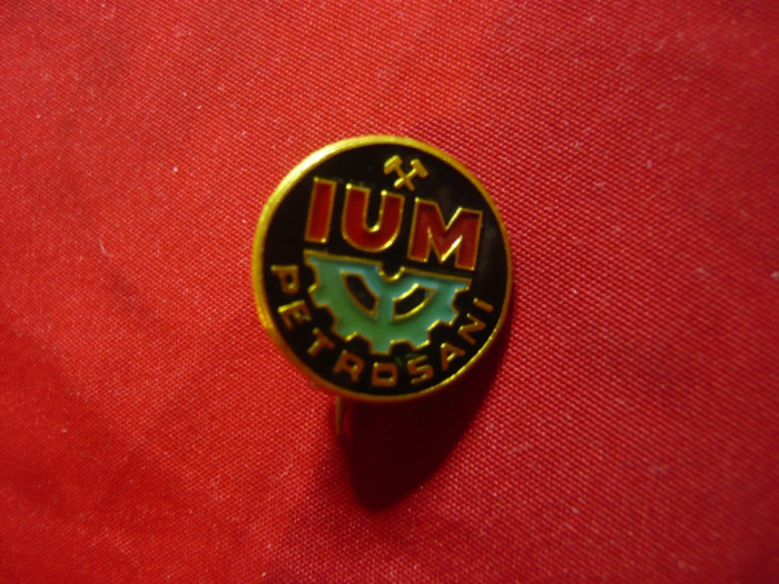 Insigna IUM Petrosani , metal si email ,d= 1,5cm