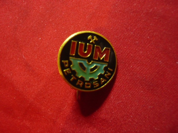 Insigna IUM Petrosani , metal si email ,d= 1,5cm