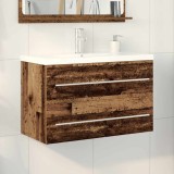 Cabinet de baie cu chiuvetă integrată, lemn rustic din material procesat.