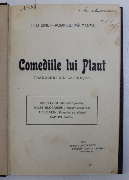 COMEDIILE LUI PLAUT de TITU DINU , POMPILIU PALTANEA , 1912