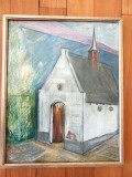 Tablou Peisaj Rural Capelă / Biserica, Semnat M. Bachs &ndash; Pictură &icirc;n Pastel, Ramă Lemn Aurie cu Sticlă, 30x37 cm, Artă Clasică Vintage