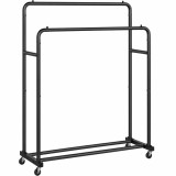 SONGMICS Suport mobil pentru haine cu 2 bare de umerase si raft inferior pentru pantofi,structura metalica,maxim 90 kg,4 roti pivotante la 360&deg;,id