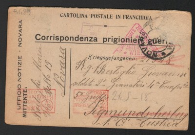 Italy 1917 Red Cross Postcard for War Prisoner Novara to Austria D.753 foto