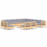 Cumpara ieftin Set mobilier gradina cu perne, 14 piese, gri, lemn masiv pin